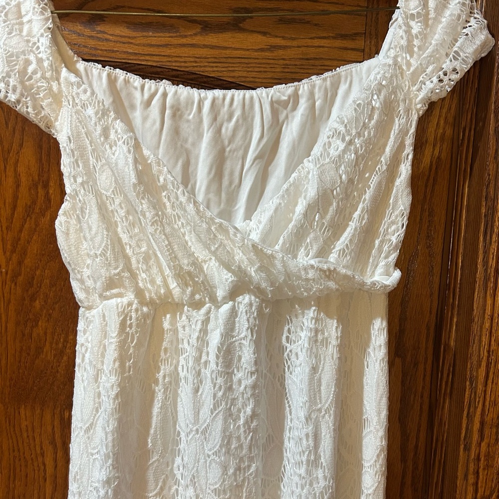 White Lace Maxi Dress XL Boho Bridal Maternity Off Shoulder Train